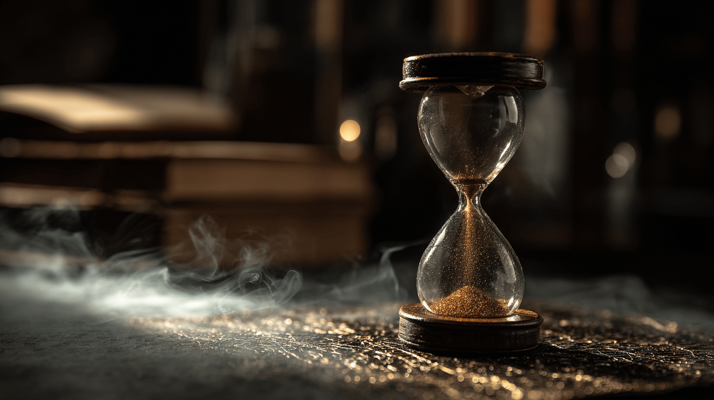 jamespinedoii6984_an_hourglass_on_a_smokey_table_30f9f76c-0a80-439c-b633-c875eebcb0b5